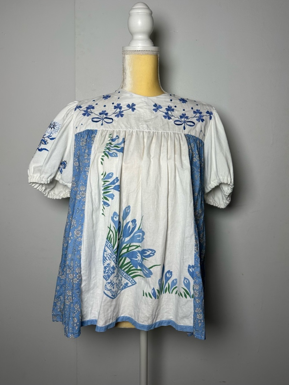 Leila Ray Vintage Upcycled Tunic Blue White Embroidery (see measurements)